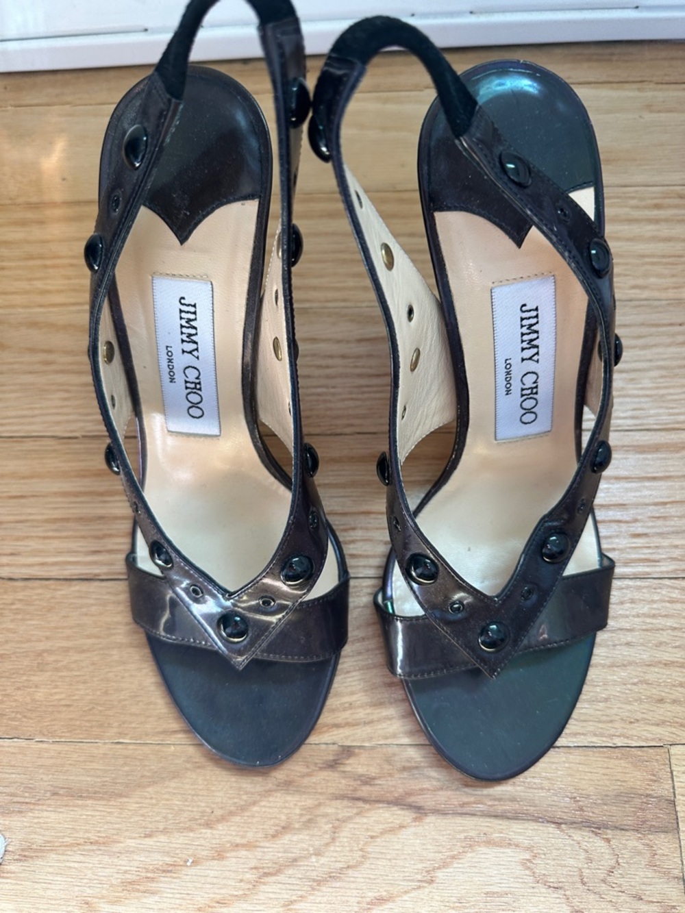Jimmy Choo Dark Bronze Metallic Eyelet Slingback Heels